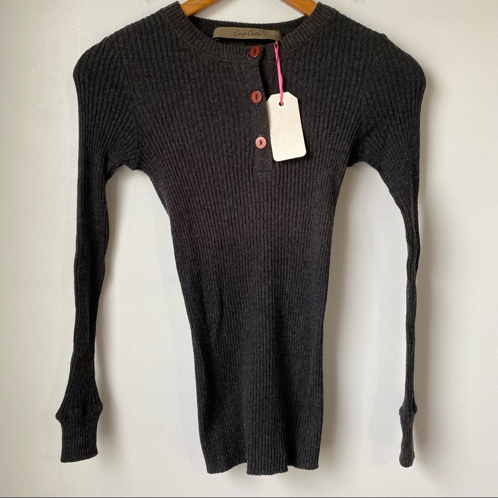 Enza Costa Cashmere Ribbed Henley Charcoal - Picture 14 of 14